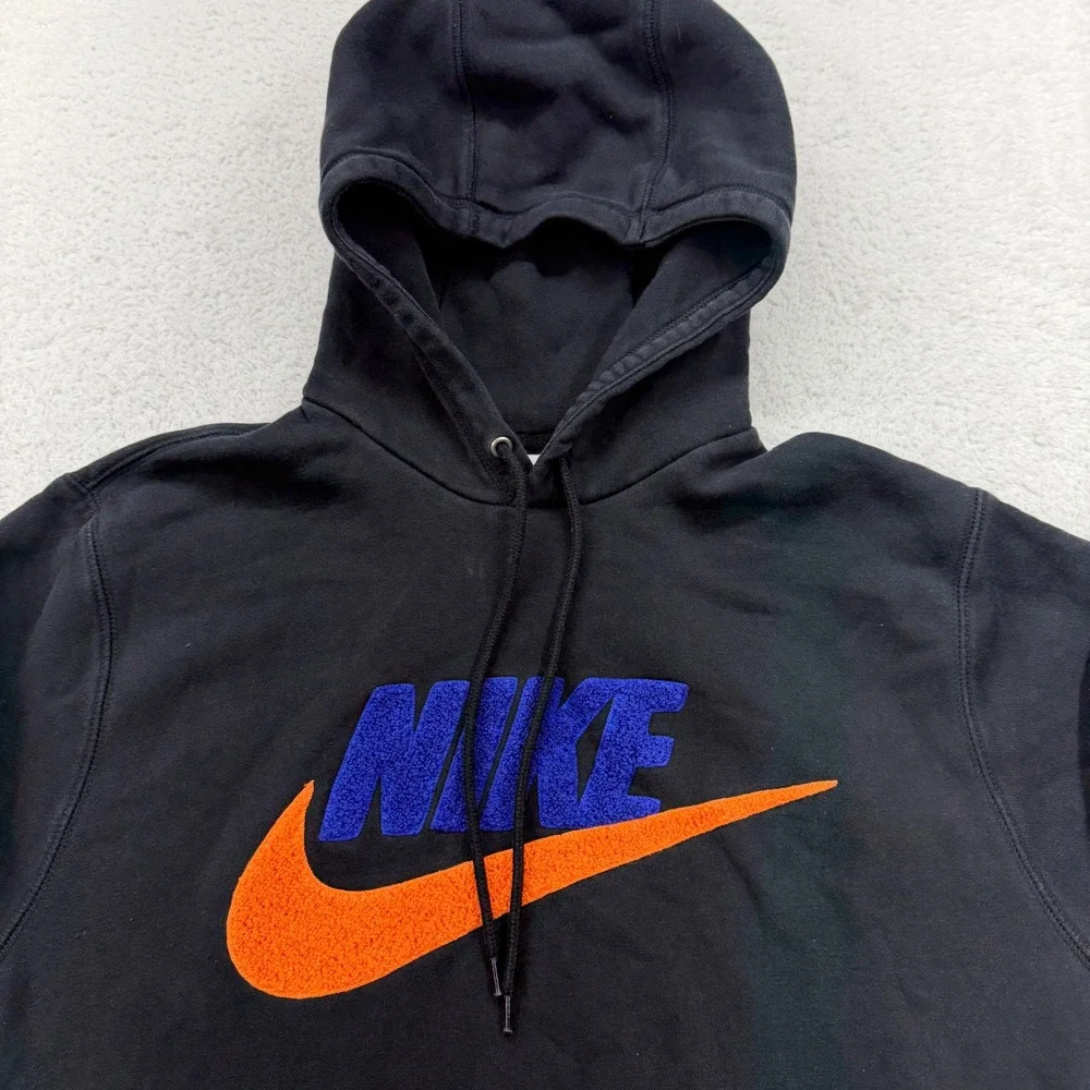 Nike Men M Black Orange Blue Logo Hoodie Sweatshirt Pullover Basic Comfort‎